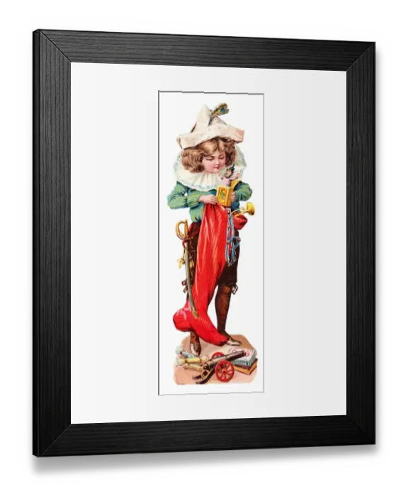 Framed Print : Boy with stocking and gifts on a Victorian Christmas scrap Framed Print : Boy with stocking and gifts on a Victorian Christmas scrap