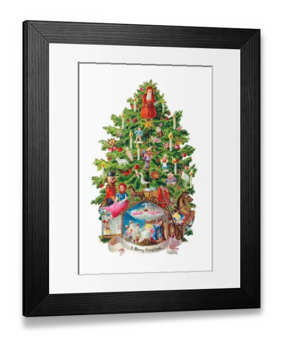 Framed Print : Decorated Christmas tree on a Victorian scrap Framed Print : Decorated Christmas tree on a Victorian scrap
