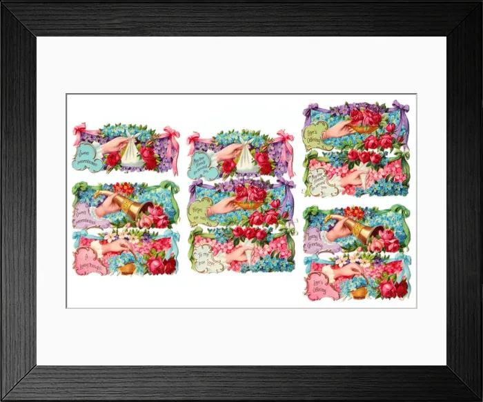Framed Print : Hands and flowers on ten Victorian scraps Framed Print : Hands and flowers on ten Victorian scraps