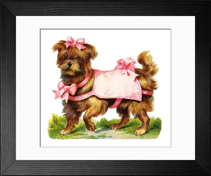 Framed Print : Dog with pink ribbons on a Victorian scrap Framed Print : Dog with pink ribbons on a Victorian scrap