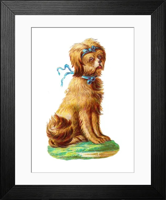 Framed Print : Dog with blue ribbons on a Victorian scrap Framed Print : Dog with blue ribbons on a Victorian scrap