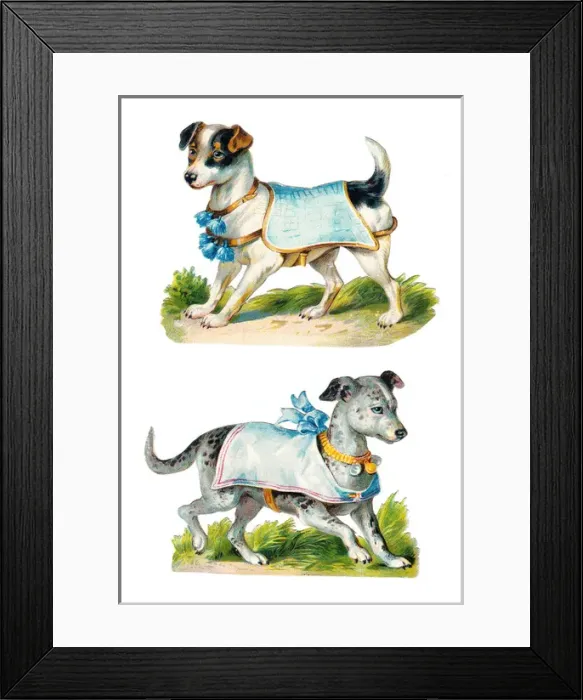 Framed Print : Dogs in blue on two Victorian scraps Framed Print : Dogs in blue on two Victorian scraps