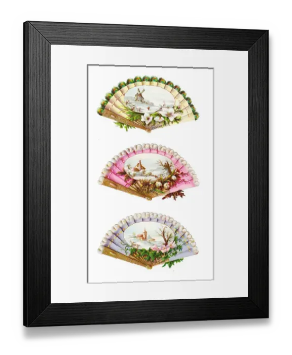 Framed Print : Fans with winter scenes on three Victorian scraps Framed Print : Fans with winter scenes on three Victorian scraps
