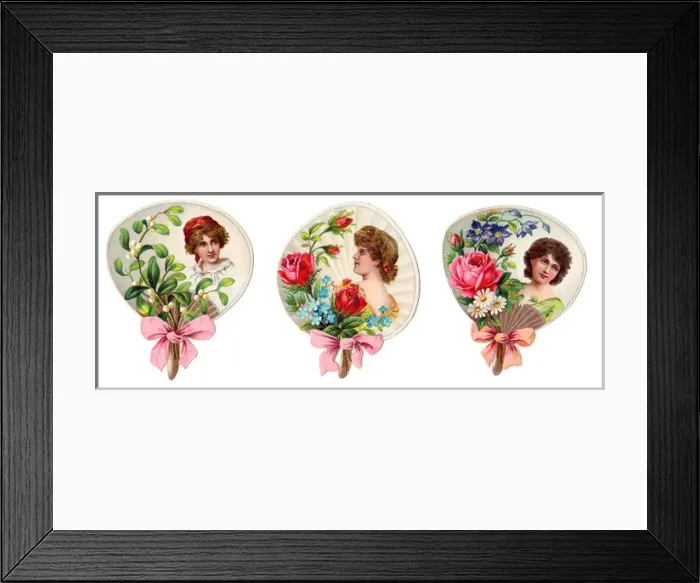 Framed Print : Fans with women and flowers on three Victorian scraps Framed Print : Fans with women and flowers on three Victorian scraps