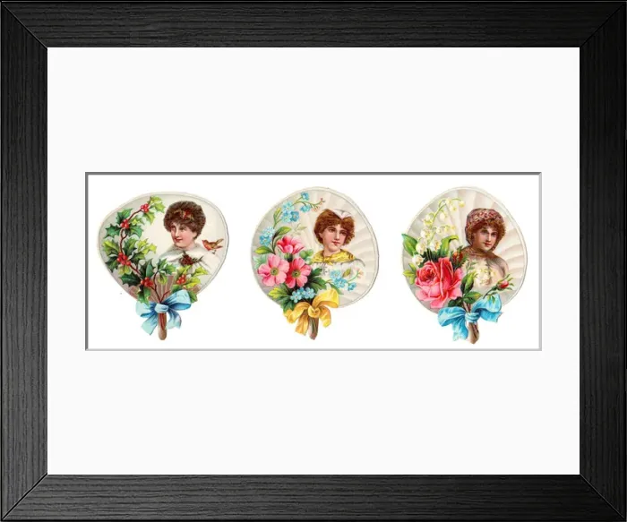 Framed Print : Fans with women and flowers on three Victorian scraps Framed Print : Fans with women and flowers on three Victorian scraps