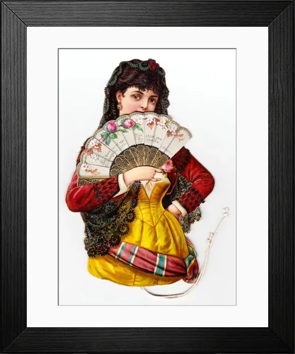 Framed Print : Woman with fan on a romantic Victorian scrap Framed Print : Woman with fan on a romantic Victorian scrap