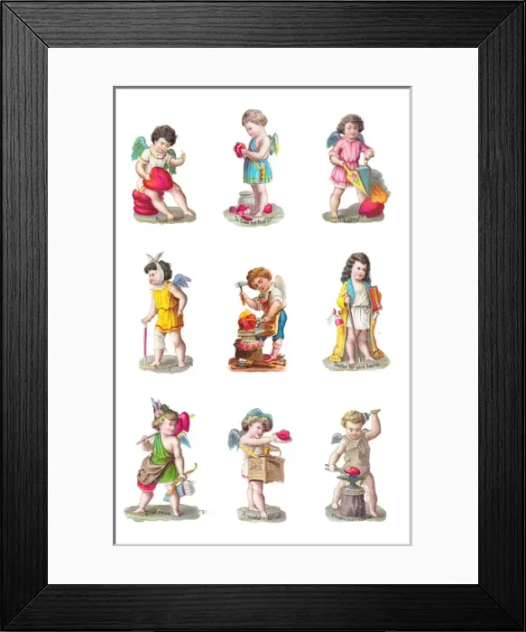 Framed Print : Cupids and hearts on nine Victorian scraps Framed Print : Cupids and hearts on nine Victorian scraps