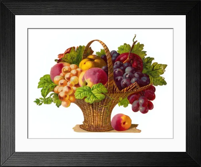 Framed Print : Basket of fruit on a Victorian scrap Framed Print : Basket of fruit on a Victorian scrap