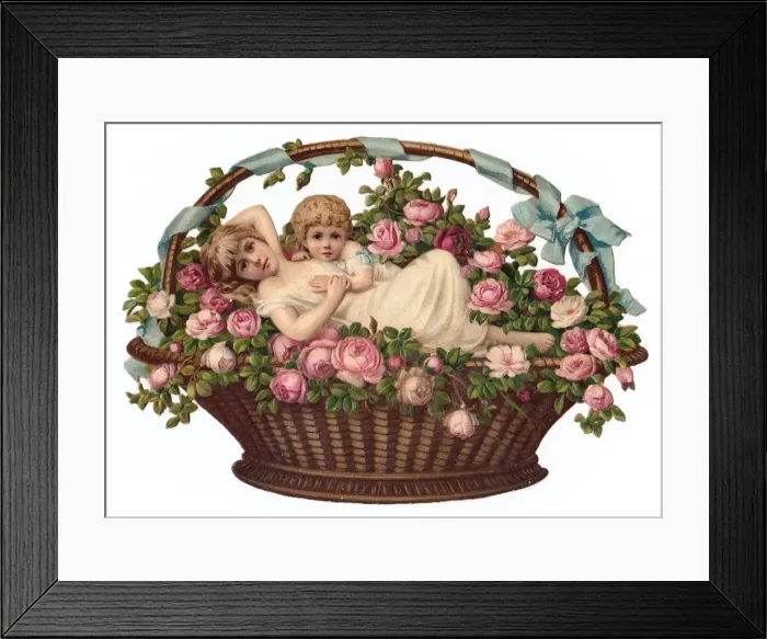 Framed Print : Children in basket of flowers on a Victorian scrap Framed Print : Children in basket of flowers on a Victorian scrap