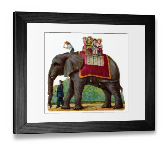 Framed Print : Elephant with passengers on a Victorian scrap Framed Print : Elephant with passengers on a Victorian scrap