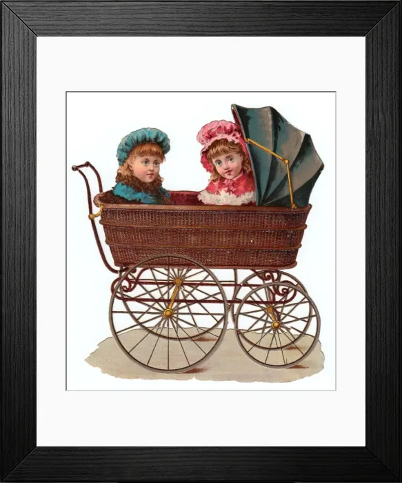 Framed Print : Girls in wickerwork pram on a Victorian scrap Framed Print : Girls in wickerwork pram on a Victorian scrap