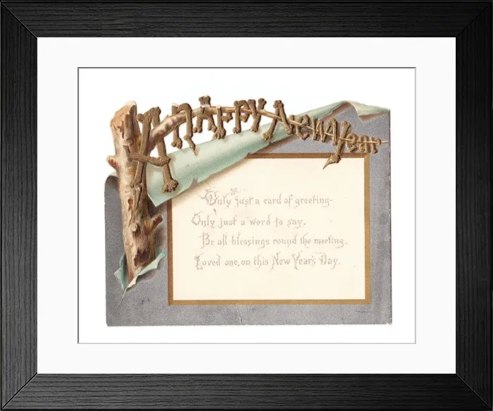 Framed Print : Cutout New Year card with verse Framed Print : Cutout New Year card with verse