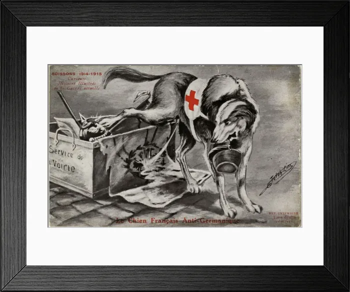 Framed Print : WW1 - Patriotic Red Cross Dog cocks his leg on German Flag Framed Print : WW1 - Patriotic Red Cross Dog cocks his leg on German Flag