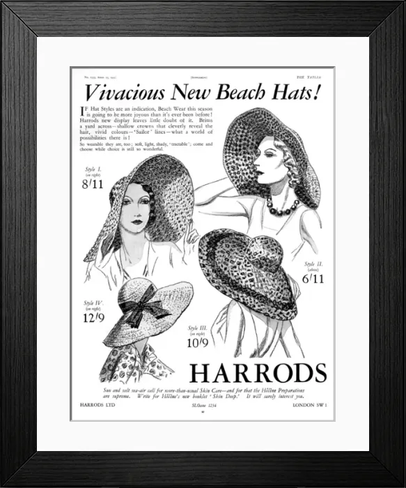 Framed Print : Vivacious new beach hats, Harrods advertisement 1931 Framed Print : Vivacious new beach hats, Harrods advertisement 1931