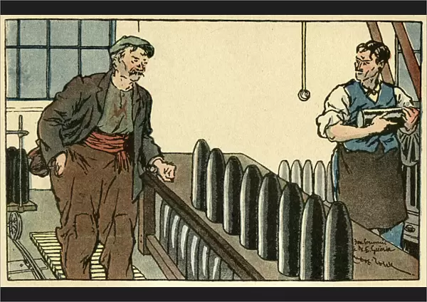 Cartoon, Men in munitions factory, WW1