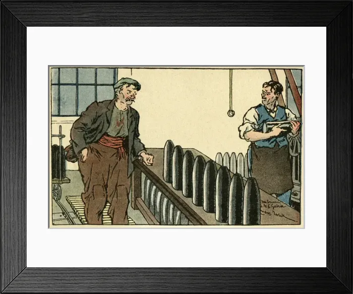 Framed Print : Cartoon, Men in munitions factory, WW1 Framed Print : Cartoon, Men in munitions factory, WW1