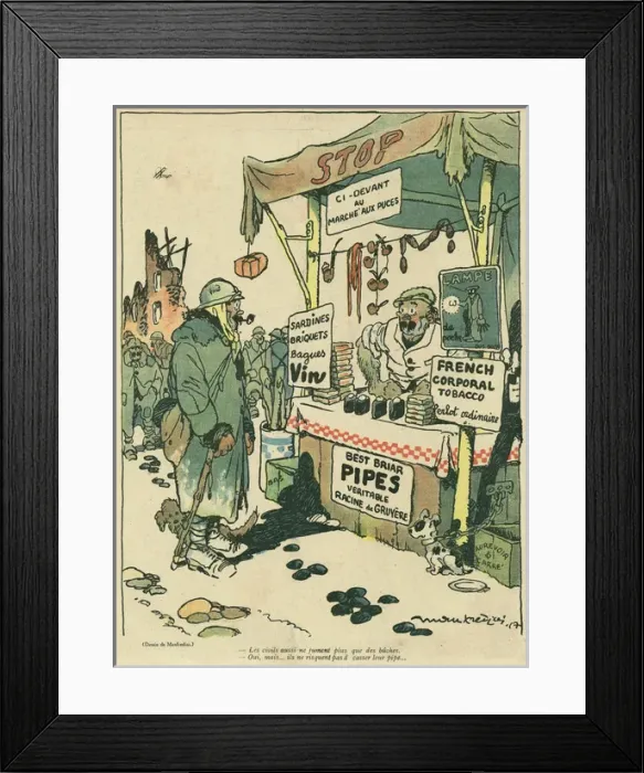 Framed Print : Cartoon, Stall selling tobacco, WW1 Framed Print : Cartoon, Stall selling tobacco, WW1