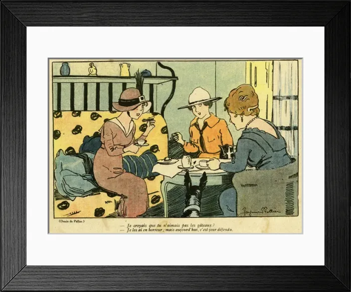 Framed Print : Cartoon, French women having tea and cake, WW1 Framed Print : Cartoon, French women having tea and cake, WW1