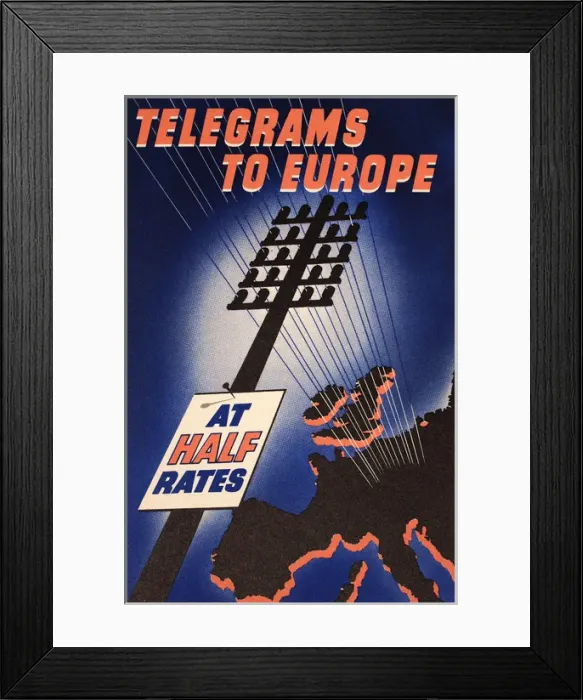 Framed Print : Poster, Telegrams to Europe at Half Rates Framed Print : Poster, Telegrams to Europe at Half Rates