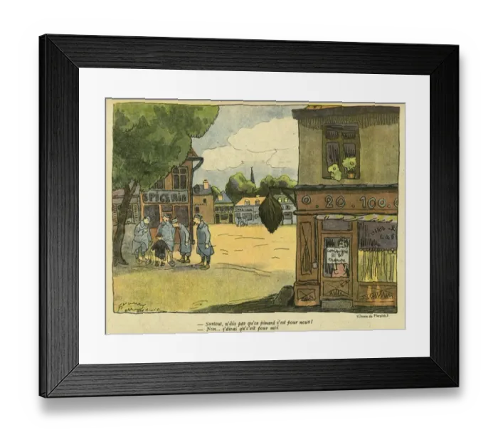 Framed Print : Cartoon, Soldiers and boy in street, WW1 Framed Print : Cartoon, Soldiers and boy in street, WW1