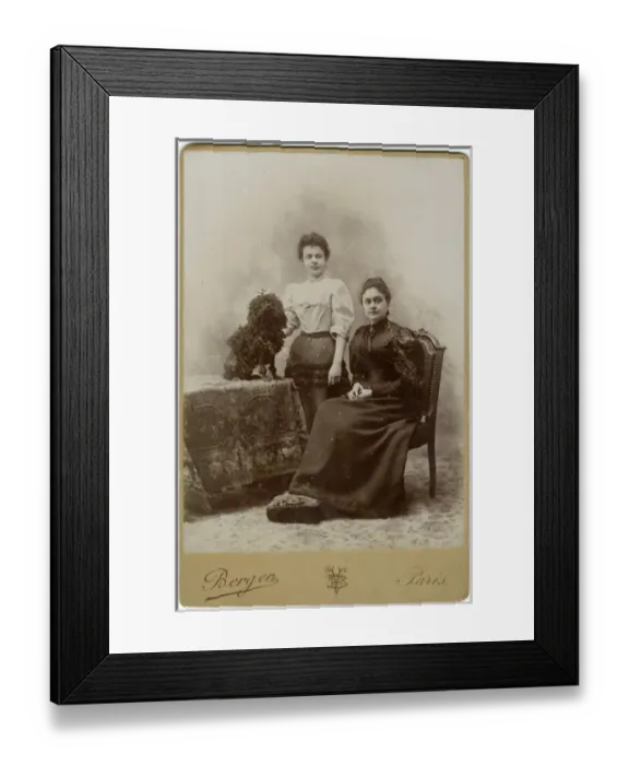 Framed Print : Studio portrait, two women with poodle dog Framed Print : Studio portrait, two women with poodle dog