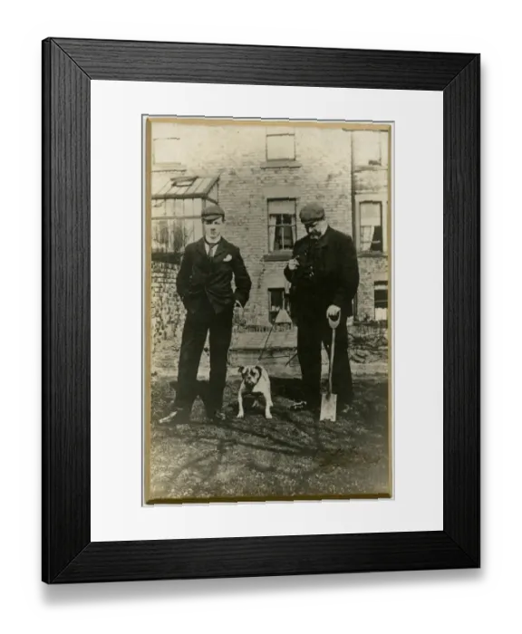 Framed Print : Two men with bulldog in a back garden Framed Print : Two men with bulldog in a back garden