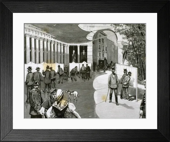 Framed Print : Spain. Madrid. Exhibition of the electoral lists, 1890. Engr Framed Print : Spain. Madrid. Exhibition of the electoral lists, 1890. Engr