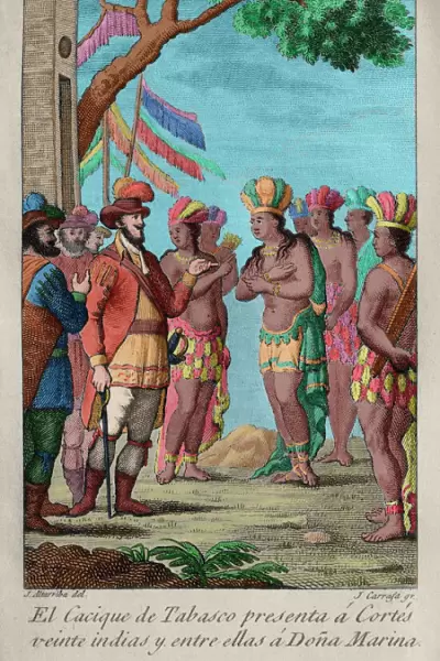 The cacique of Tabasco presents to Hernan Cortes twenty Indi
