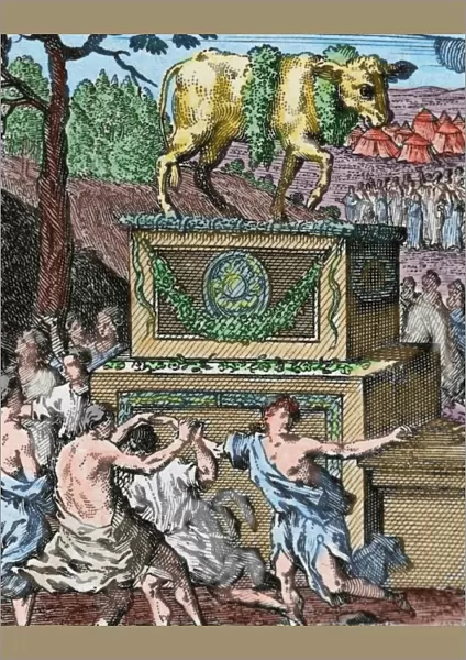 The Adoration of the Golden calf. Engraving. Colored