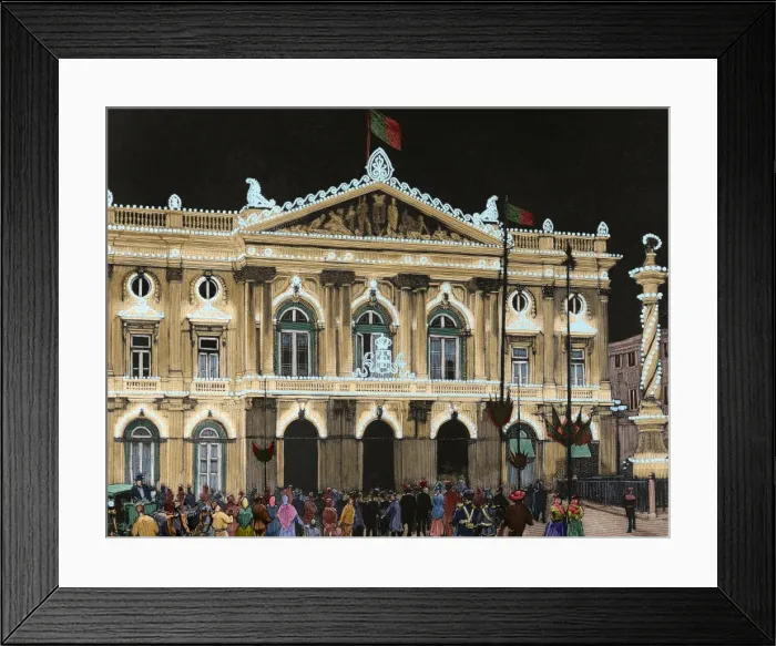 Framed Print : Portugal. Lisbon. Lighting of the town hall. Engraving. Colo Framed Print : Portugal. Lisbon. Lighting of the town hall. Engraving. Colo