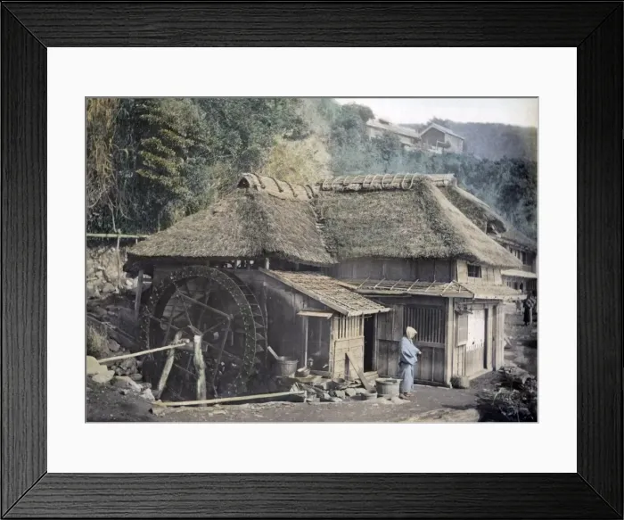 Framed Print : House and water mill, Japan, circa 1880s Framed Print : House and water mill, Japan, circa 1880s
