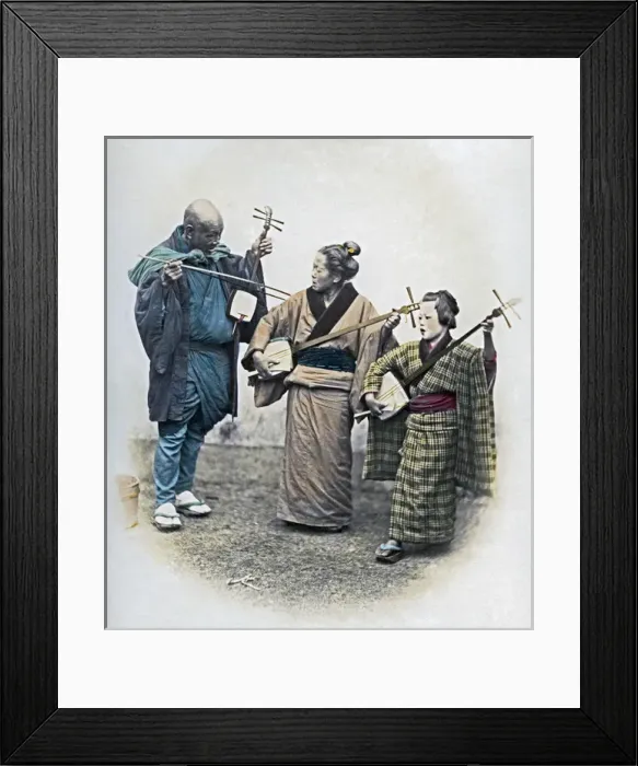 Framed Print : Street musicians, Japan, circa 1870 Framed Print : Street musicians, Japan, circa 1870