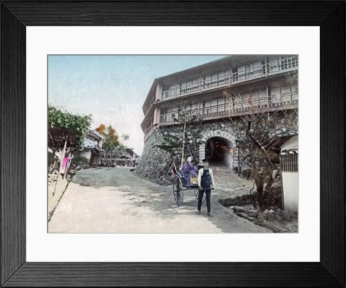 Framed Print : Hotel and rickshaw, Taradzuki, Kobe, Japan, circa 1890s Framed Print : Hotel and rickshaw, Taradzuki, Kobe, Japan, circa 1890s