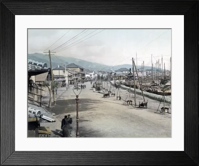 Framed Print : Boats tied up along the Bund, Kobe, Japan, circa 1880s Framed Print : Boats tied up along the Bund, Kobe, Japan, circa 1880s