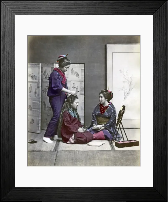 Framed Print : Young women doing their hair, Japan, circa 1880s Framed Print : Young women doing their hair, Japan, circa 1880s