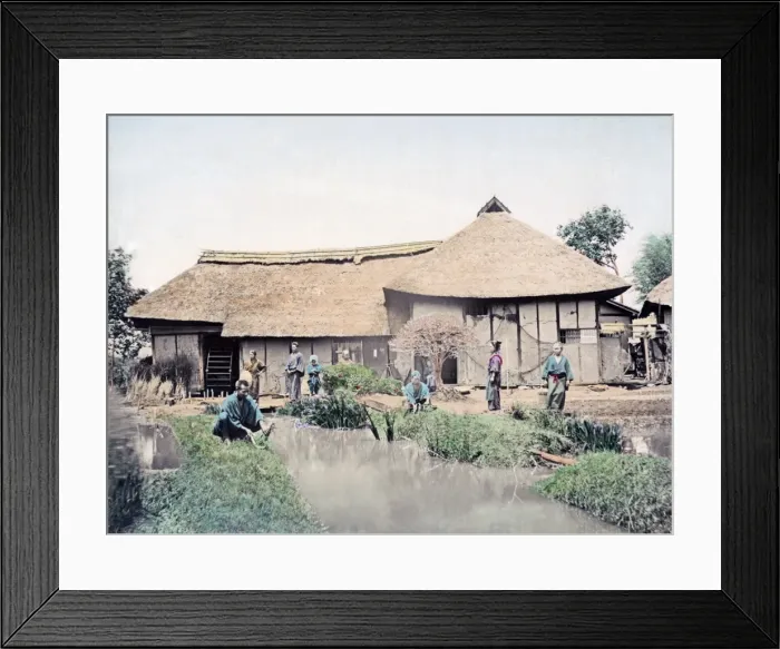 Framed Print : Farmers and farm house, Japan, circa 1880s Framed Print : Farmers and farm house, Japan, circa 1880s