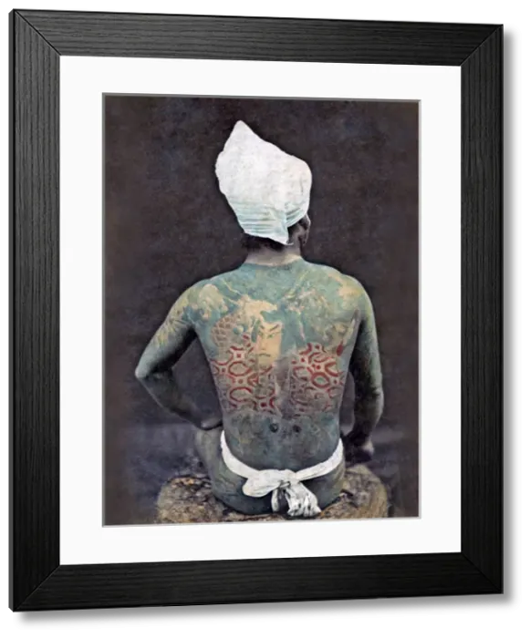 Framed Print : Man with tattooed back, Japan, circa 1880s Framed Print : Man with tattooed back, Japan, circa 1880s