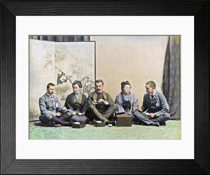 Framed Print : Westerns taking tea with geishas, Japan, circa 1890s Framed Print : Westerns taking tea with geishas, Japan, circa 1890s