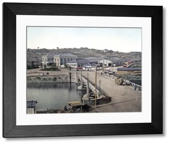Framed Print : Railway station and bridge, Yokohama, Japan, circa 1880s Framed Print : Railway station and bridge, Yokohama, Japan, circa 1880s