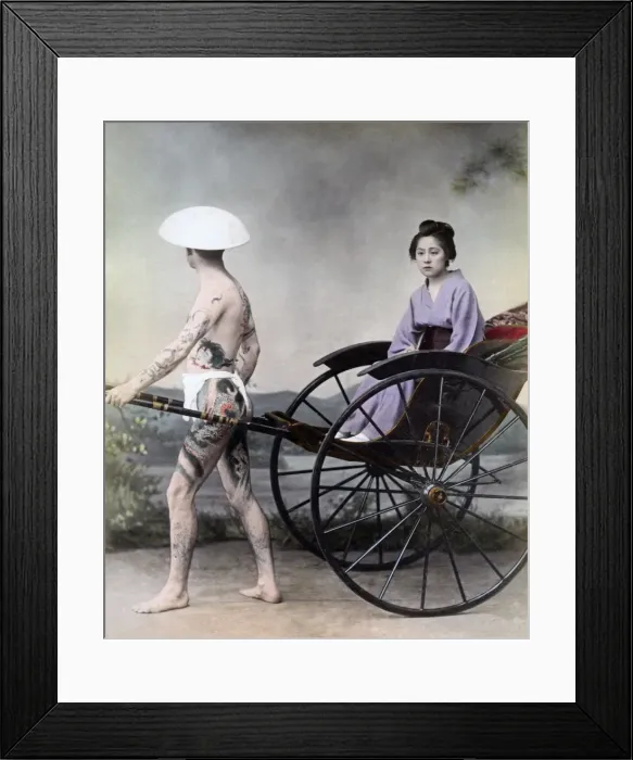 Framed Print : Woman in a rickshaw with tattooed attendant, Japan circa 189 Framed Print : Woman in a rickshaw with tattooed attendant, Japan circa 189