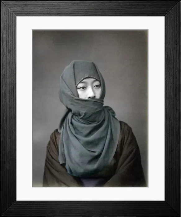 Framed Print : Young woman in winter costume, Japan, circa 1880s Framed Print : Young woman in winter costume, Japan, circa 1880s