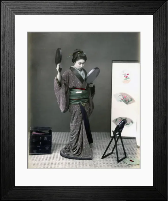 Framed Print : Geisha with kimono and two mirrors, Japan, circa 1880s Framed Print : Geisha with kimono and two mirrors, Japan, circa 1880s