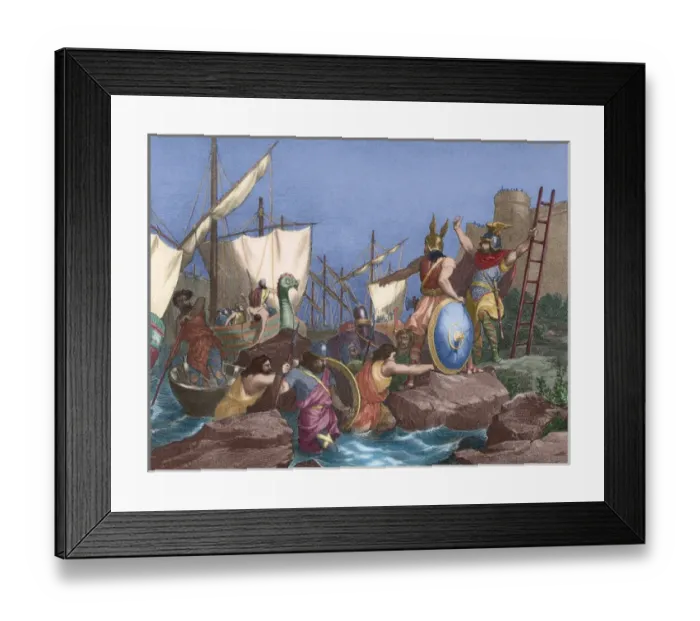 Framed Print : Sisebut (c. 565-621) landing in Tangier. Engraving. Colored Framed Print : Sisebut (c. 565-621) landing in Tangier. Engraving. Colored