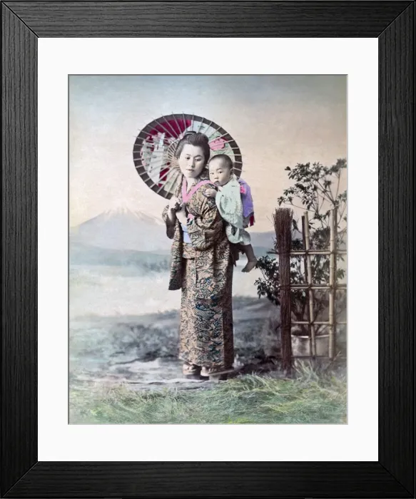 Framed Print : Young nurse and baby, Japan circa 1880s Framed Print : Young nurse and baby, Japan circa 1880s