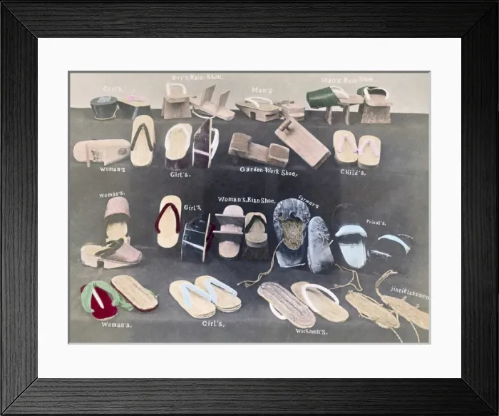 Framed Print : Selection of Japanese shoe types circa 1890s Framed Print : Selection of Japanese shoe types circa 1890s