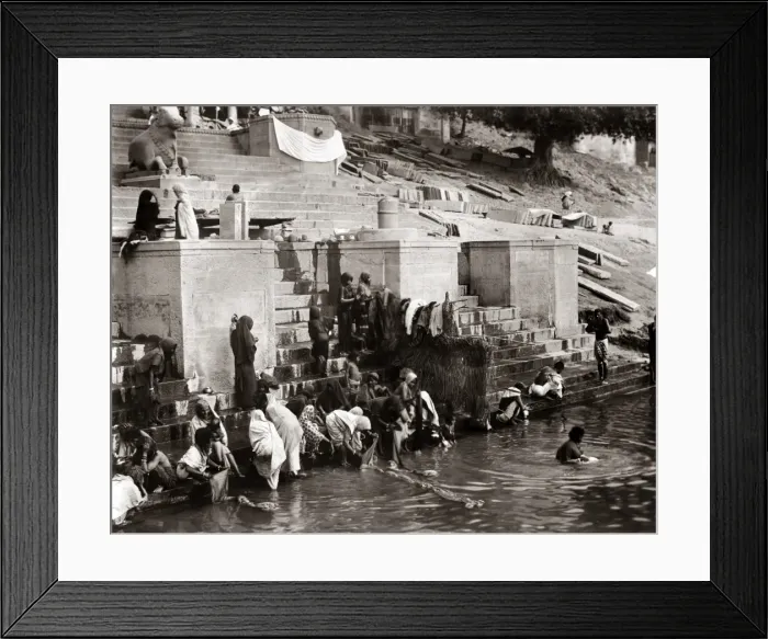 Framed Print : Washing in the river Ganges, Benares, (Varanasi) India circa Framed Print : Washing in the river Ganges, Benares, (Varanasi) India circa