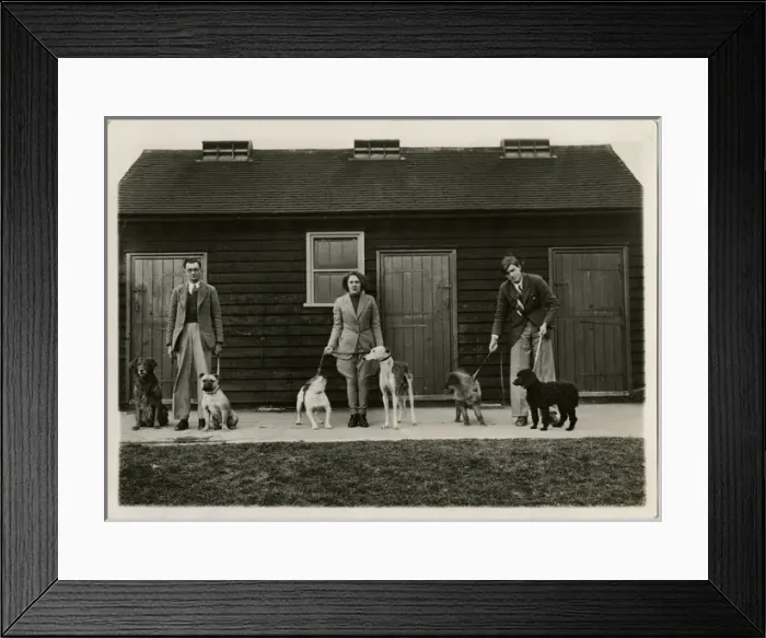 Framed Print : Three dog handlers with six dogs in front of stables Framed Print : Three dog handlers with six dogs in front of stables