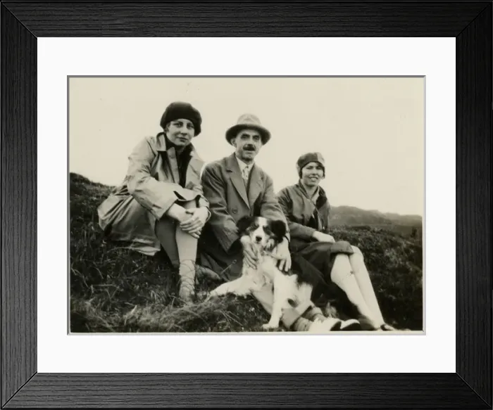 Framed Print : Three people out for a walk with a collie dog Framed Print : Three people out for a walk with a collie dog