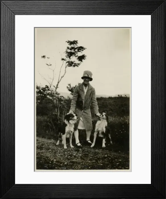 Framed Print : Woman in a garden with two collie dogs Framed Print : Woman in a garden with two collie dogs