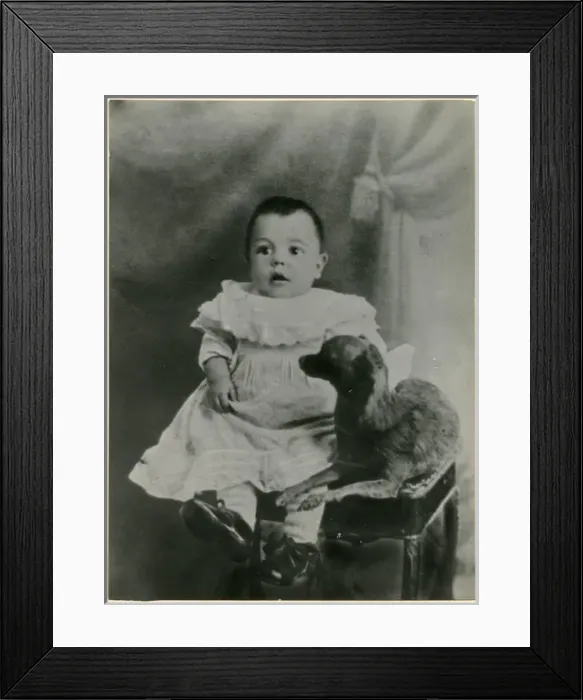 Framed Print : Studio photo, baby and pet dog Framed Print : Studio photo, baby and pet dog